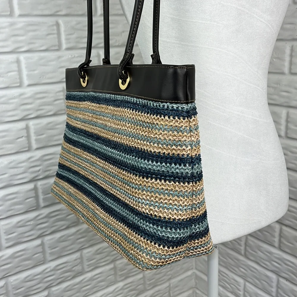 CHARTER CLUB CLASSICS STRIPE WOVEN VEGAN LEATHER ZIP TOP TOTE